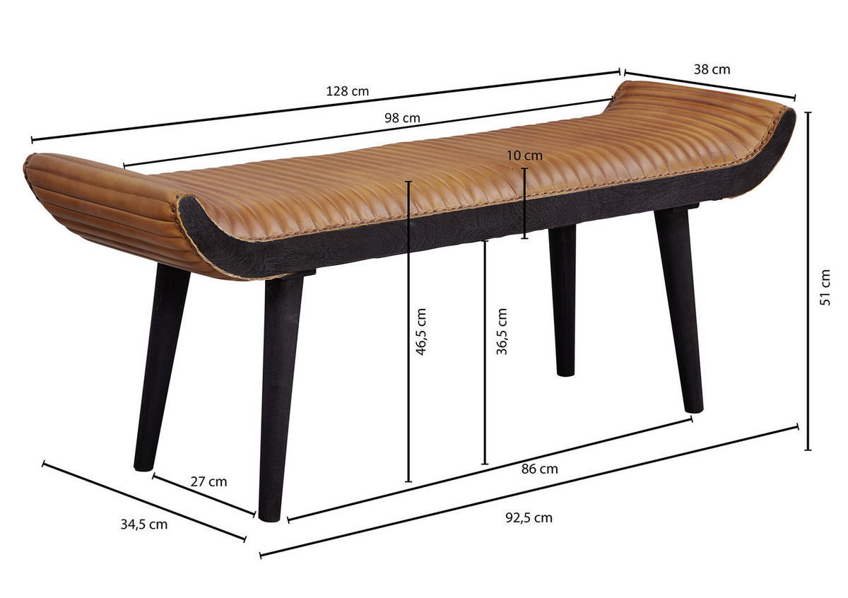 SITZBANK in Leder Braun  - Schwarz/Braun, Modern, Leder/Holz (128/51/38cm) - MID.YOU