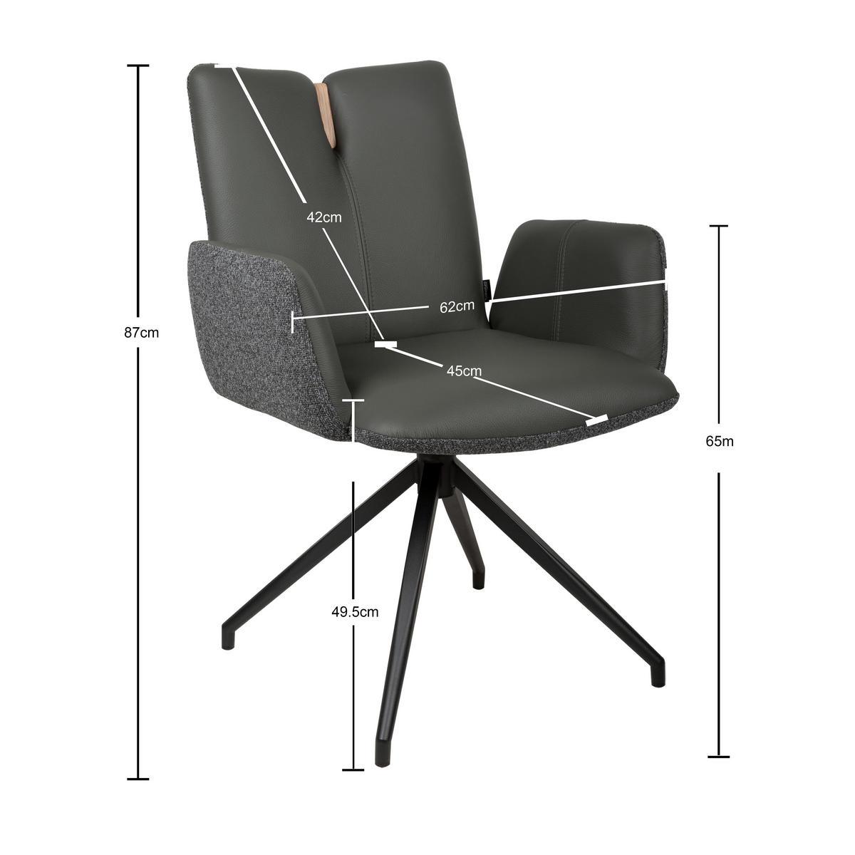 ARMLEHNSTUHL  Sitzfläche 360° drehbar, automatische Rückholfunktion Bouclé Echtleder  - Anthrazit/Schwarz, Design, Leder/Holz (62/87/63cm) - Valnatura