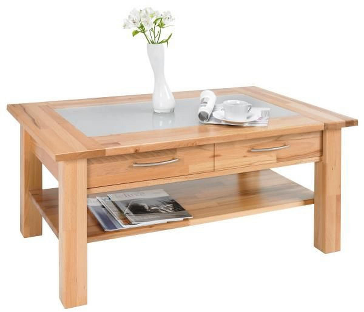 COUCHTISCH Kernbuche vollmassiv Milchglas 110/70/45 cm rechteckig Buchefarben  - Buchefarben, Design, Glas/Holz (110/70/45cm) - Linea Natura