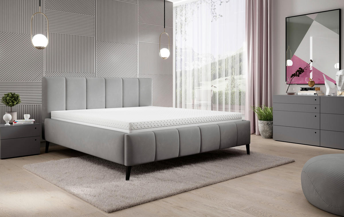 POLSTERBETT gepolstertes Kopfteil, Lattenrost 180/200 cm  in Grau  - Schwarz/Naturfarben, Trend, Holz/Textil (180/200cm) - home24