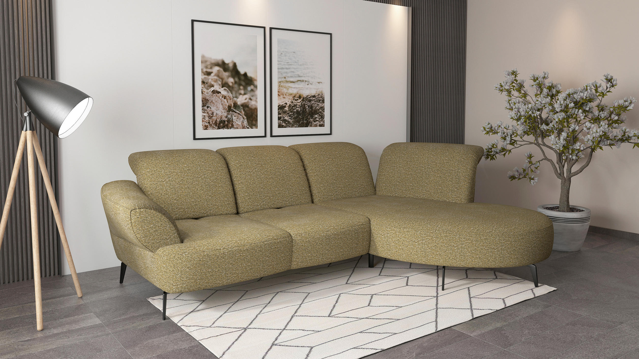 ECKSOFA in Chenille Olivgrün  - Schwarz/Olivgrün, Modern, Textil/Metall (313/208cm) - Sit & More