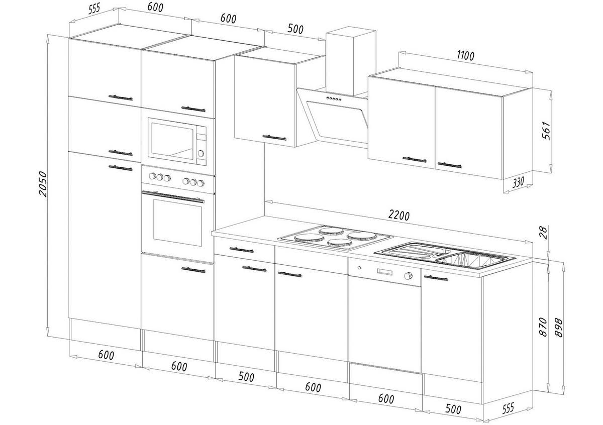 KÜCHENBLOCK 340 cm   in Grau, Eichefarben  - Eichefarben/Grau, MODERN, Holzwerkstoff (340cm) - Respekta