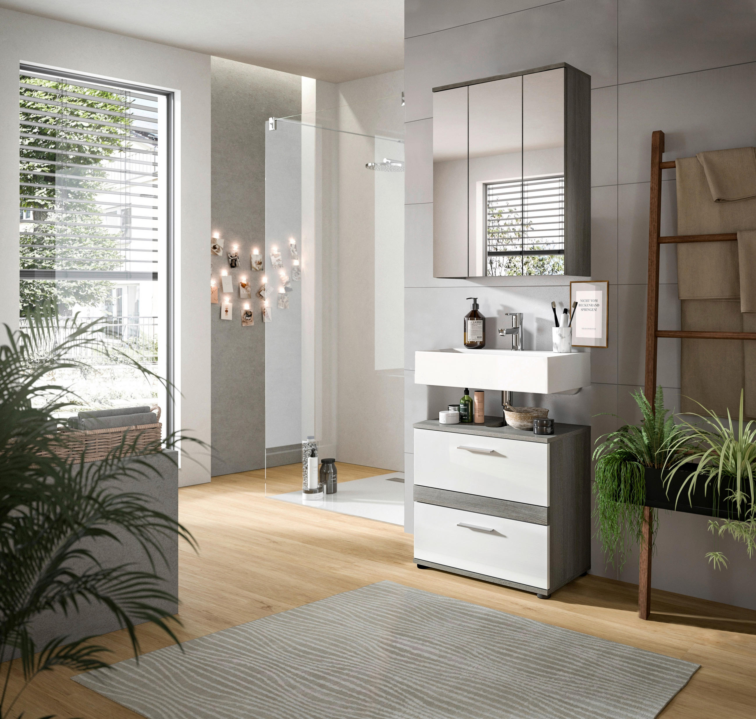 BADEZIMMER 2-teilig in 60 cm - Weiß Hochglanz/Silberfarben, MODERN, Glas/Holzwerkstoff (60cm) - MID.YOU