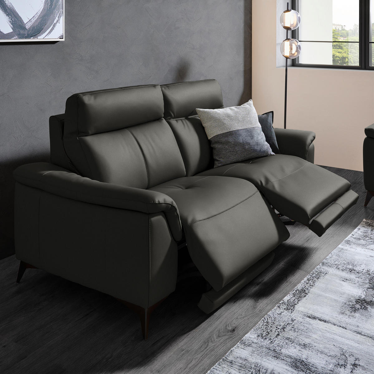 3-SITZER-SOFA  in Echtleder Anthrazit   - Anthrazit/Schwarz, Design, Leder/Metall (207/107/98cm) - Belluti