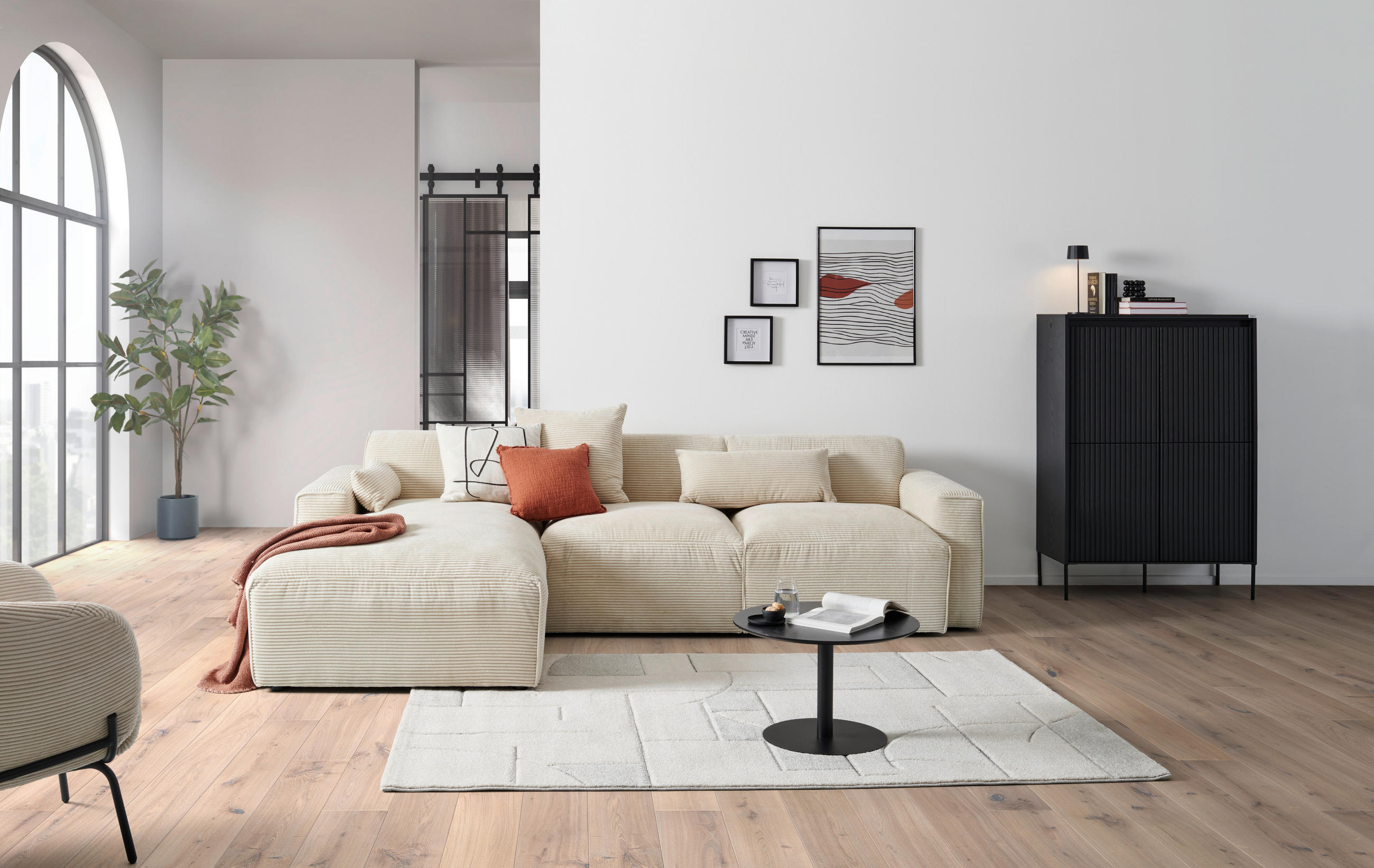 ECKSOFA Beige Cord  - Beige/Schwarz, Design, Kunststoff/Textil (196/303cm) - Livetastic