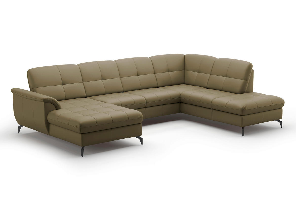 WOHNLANDSCHAFT in Vliesstoff Kombination Echtleder/Stoff Olivgrün  - Schwarz/Olivgrün, Modern, Leder/Textil (164/319/212cm) - Sit & More