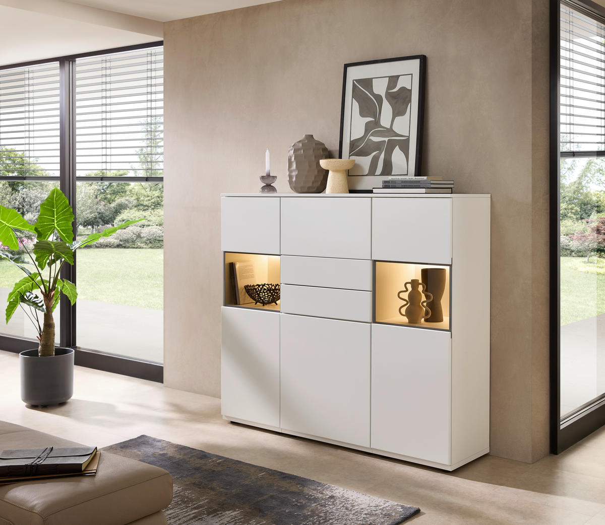 HIGHBOARD Weiß  150/131/40 cm  - Schwarz/Weiß, KONVENTIONELL, Glas/Holzwerkstoff (150/131/40cm) - Venda