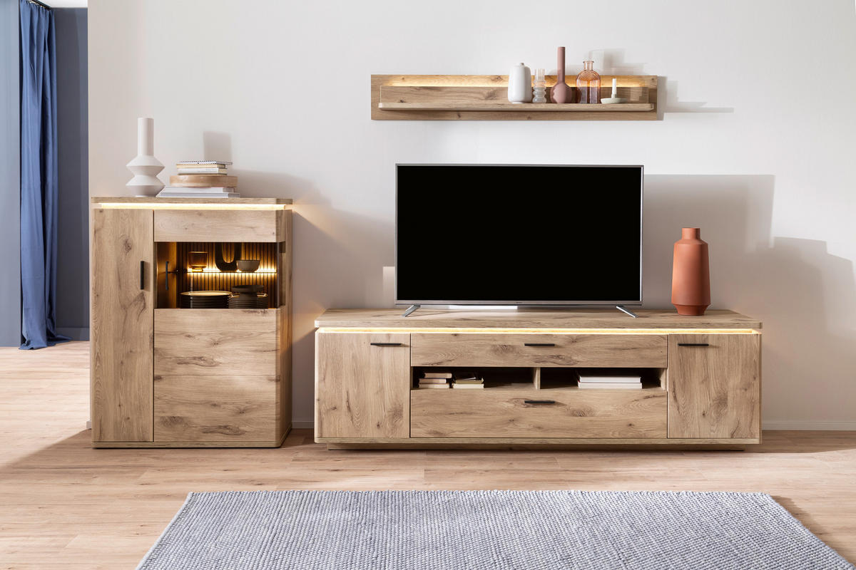 WOHNWAND 3-teilig  in Eichefarben  310/181/50 cm  - Eichefarben/Anthrazit, KONVENTIONELL, Glas/Holzwerkstoff (310/181/50cm) - Cantus