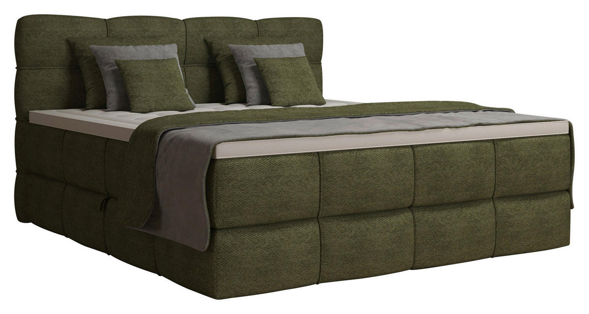 BOXSPRINGBETT 180/200 cm,  in Grün, gepolstertes Kopfteil, Bettkasten, Topper, Matratzen, H3 + H3 = fest  - Schwarz/Grün, Design, Kunststoff/Textil (180/200cm) - Chameo