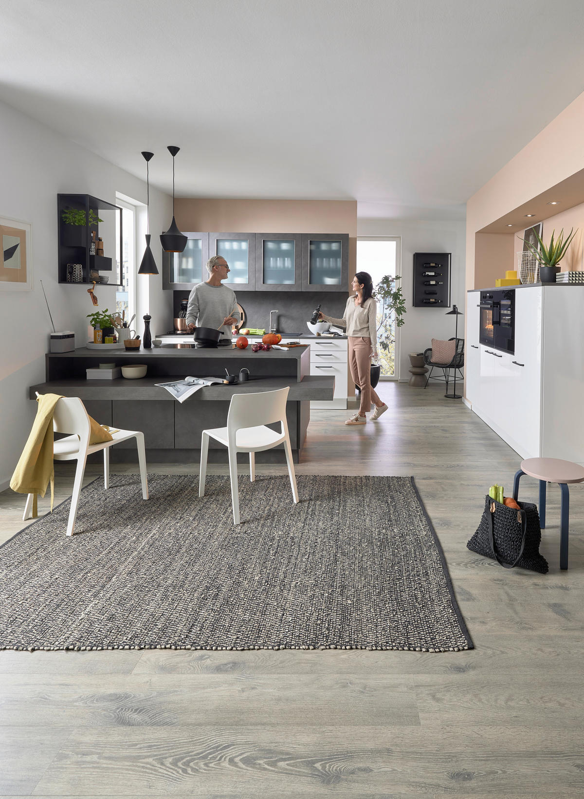 EINBAUKÜCHE DK411  - Weiß Hochglanz/Grau, Design, Holzwerkstoff - Dieter Knoll