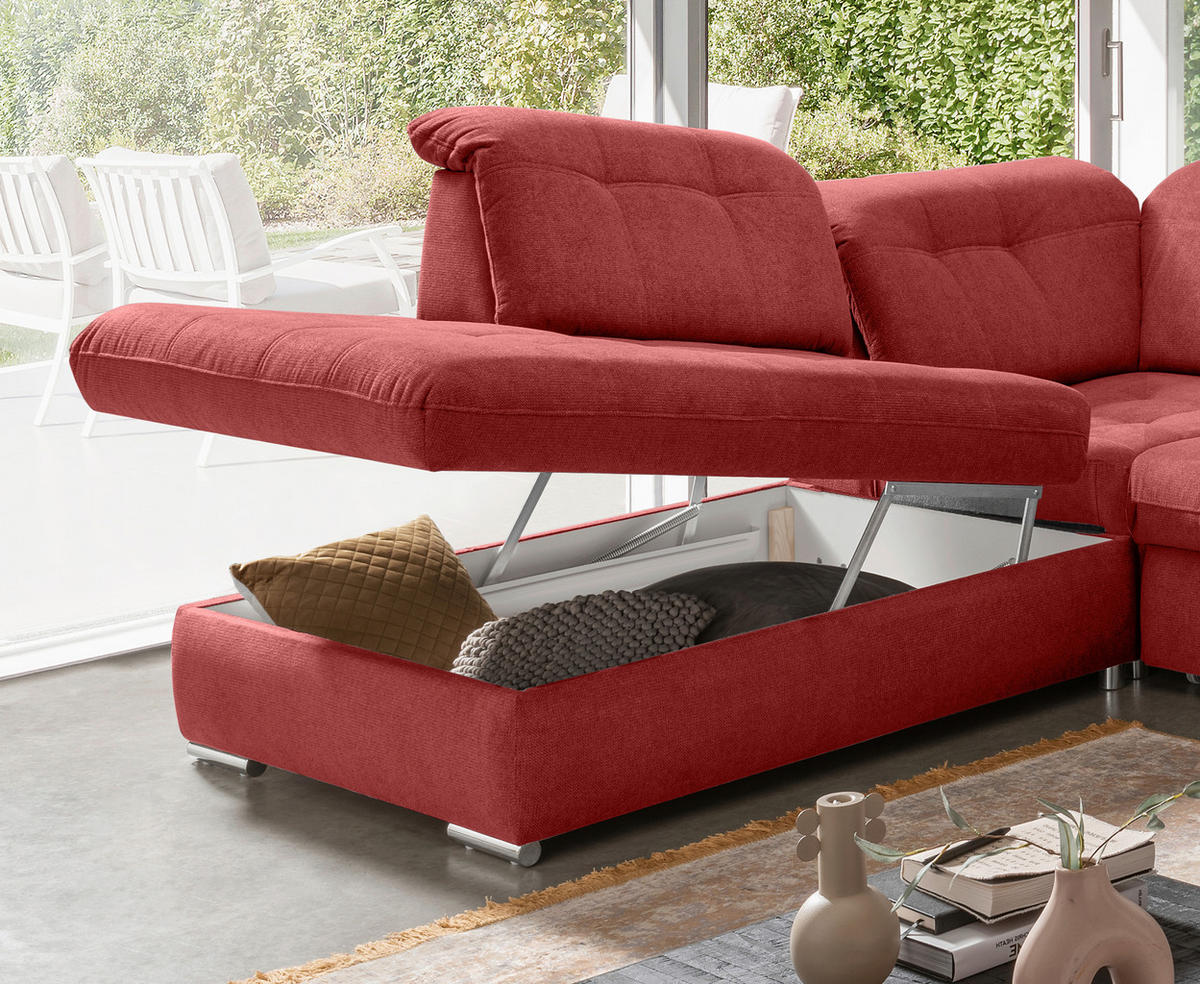 ECKSOFA Flachgewebe Rot  - Chromfarben/Rot, Modern, Textil/Metall (254/308cm) - Livetastic