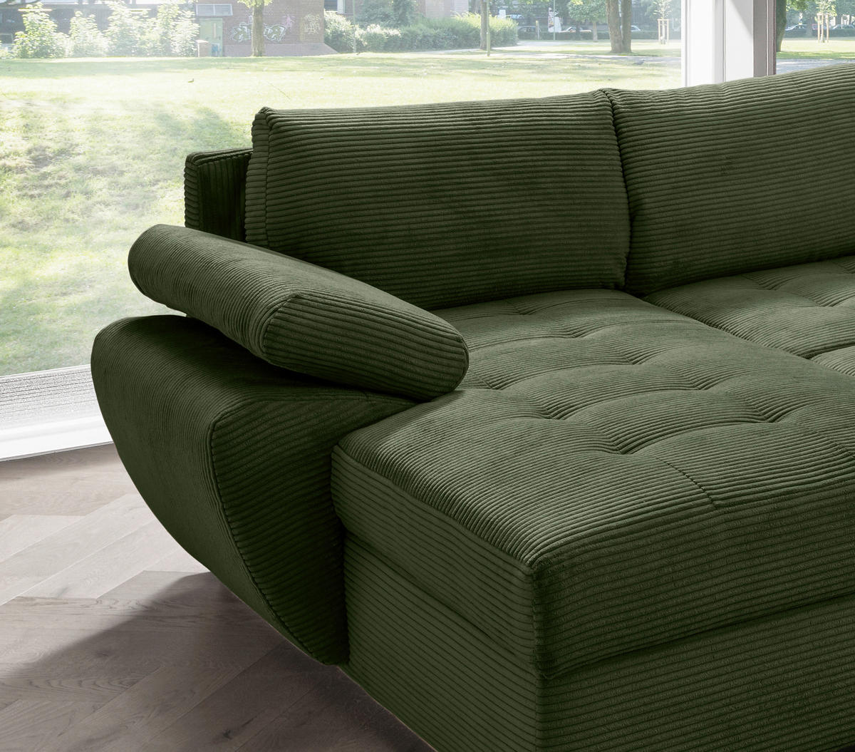 WOHNLANDSCHAFT Dunkelgrün Cord  - Chromfarben/Dunkelgrün, KONVENTIONELL, Textil/Metall (157/305/219cm) - Livetastic