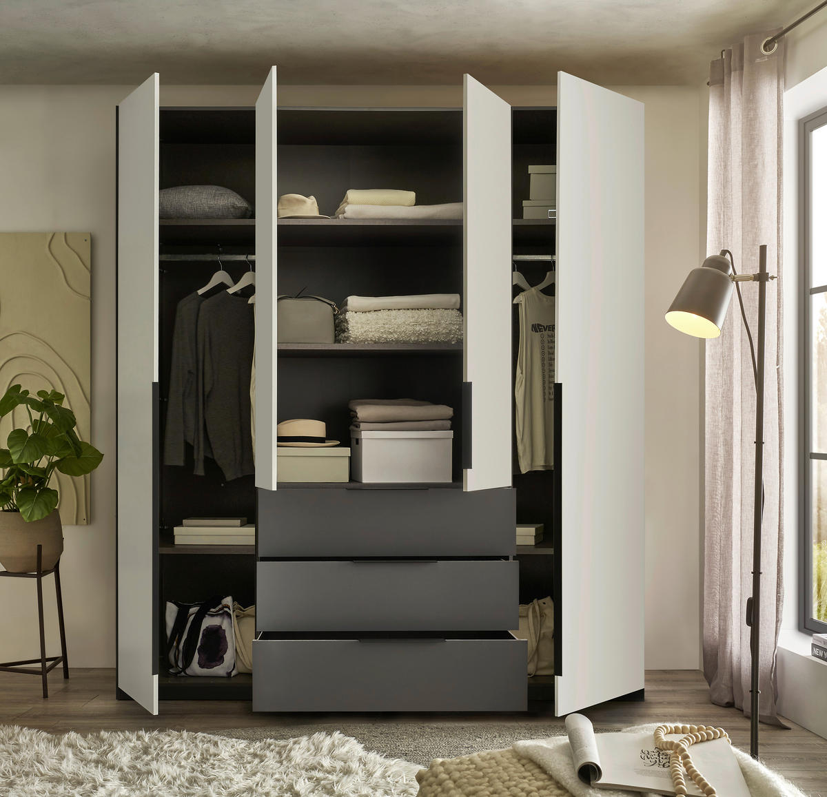 DREHTÜRENSCHRANK 200,5/225,5/60 cm,  in Graphitfarben, Hellgrau, 4-türig  - Hellgrau/Schwarz, MODERN, Holzwerkstoff/Kunststoff (200,5/225,5/60cm) - MID.YOU