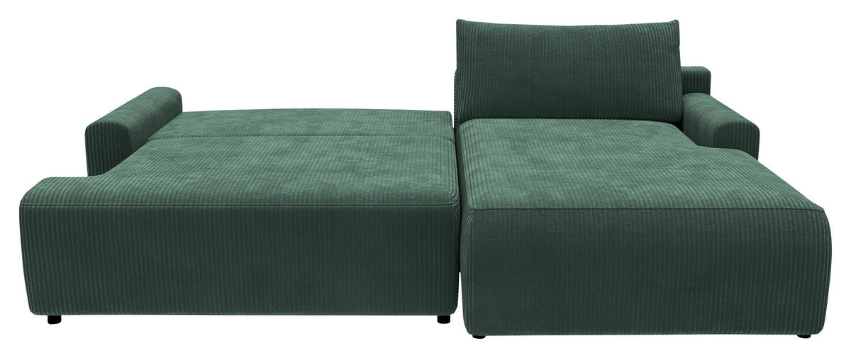 ECKSCHLAFSOFA  mit Schlafen auf Sitzhöhe, Rücken echt, Armteil links, Armteil rechts Cord Dunkelgrün  - Dunkelgrün/Schwarz, MODERN, Kunststoff/Textil (253/167cm) - Trendmanufaktur