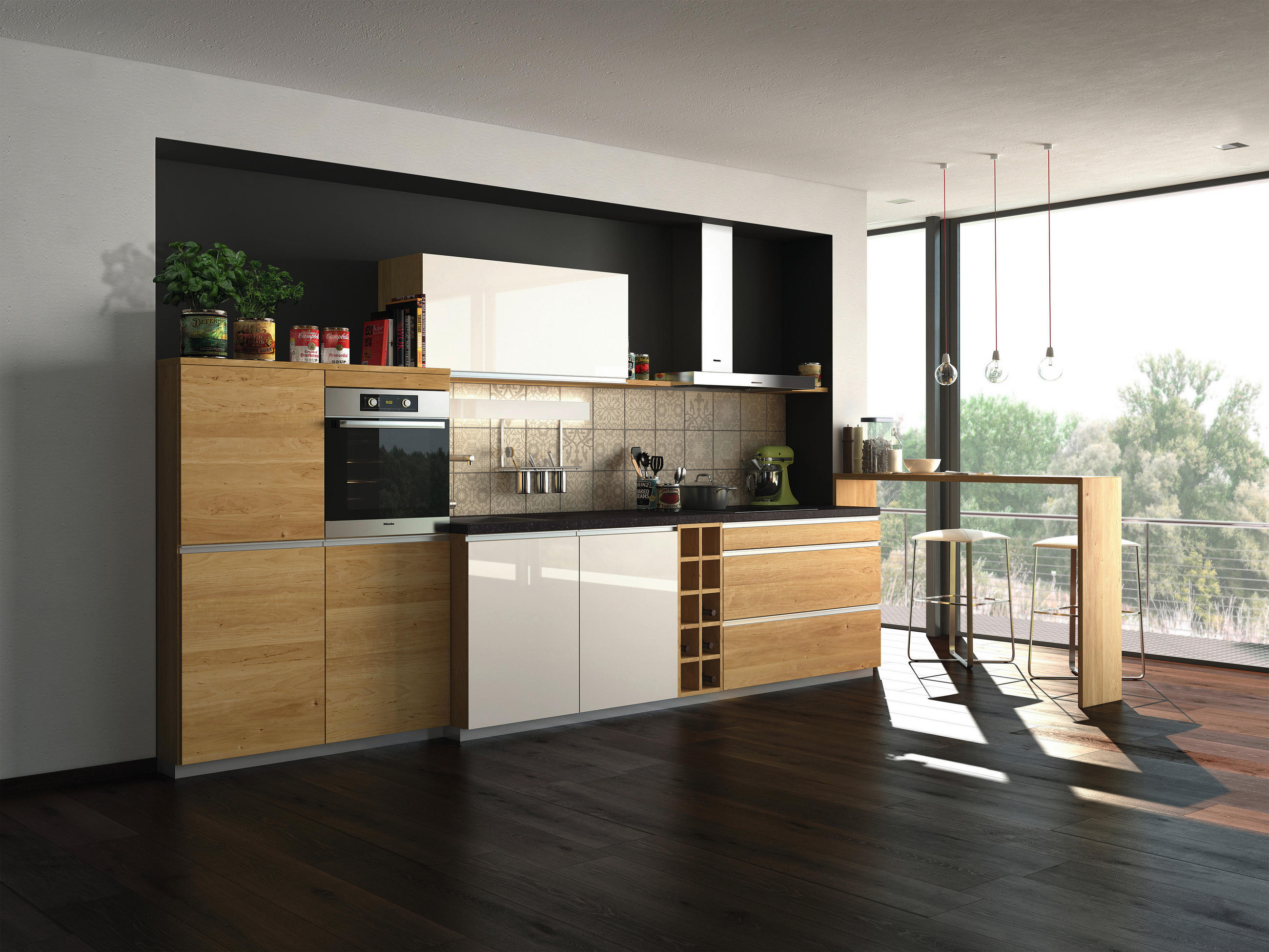 EINBAUKÜCHE  - Erlefarben/Weiß, Design, Glas/Holz - Team 7