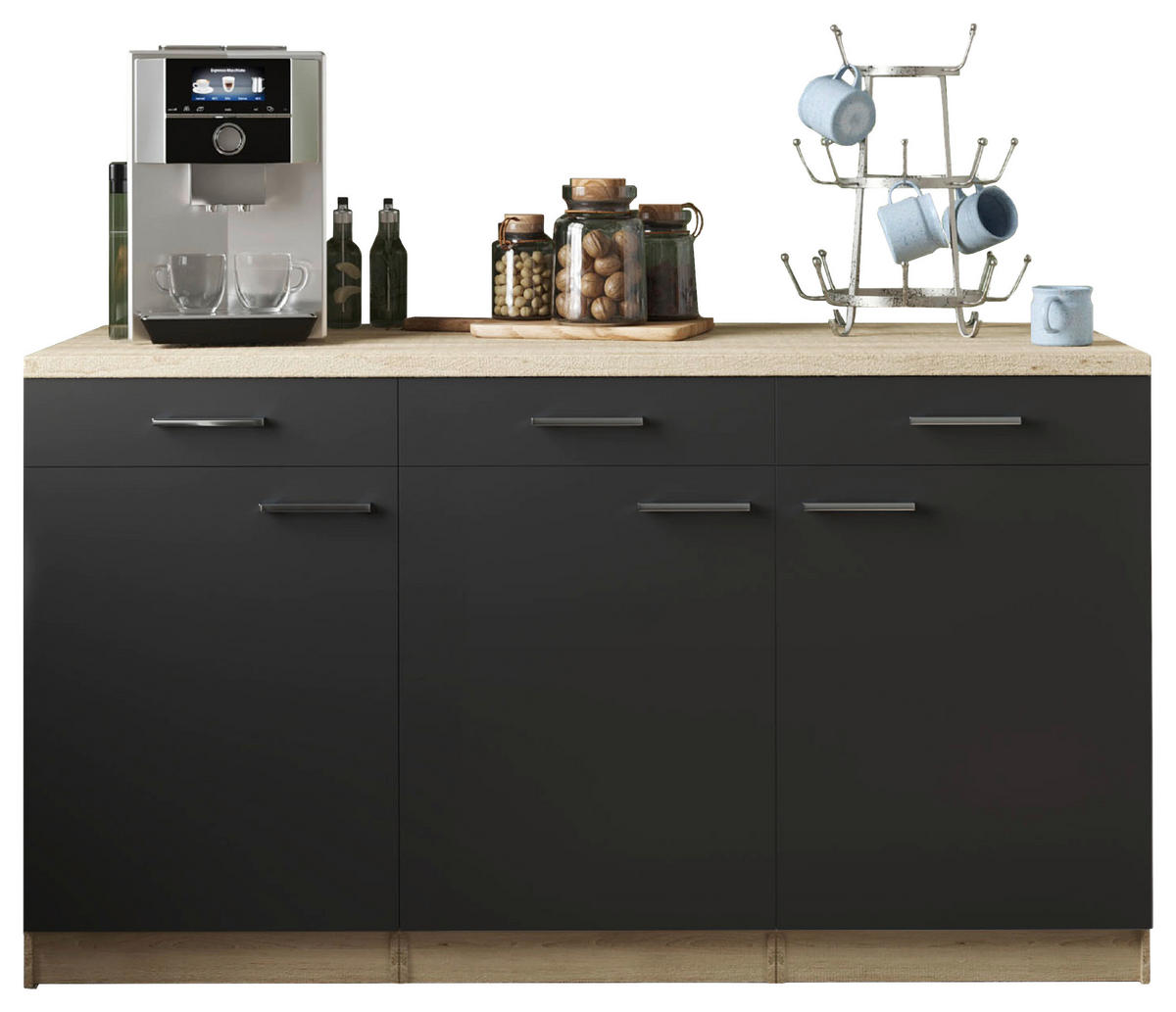 KÜCHENUNTERSCHRANK 150/85/60 cm  in Schwarz, Eichefarben  - Eichefarben/Silberfarben, Basics, Holzwerkstoff/Metall (150/85/60cm) - Respekta