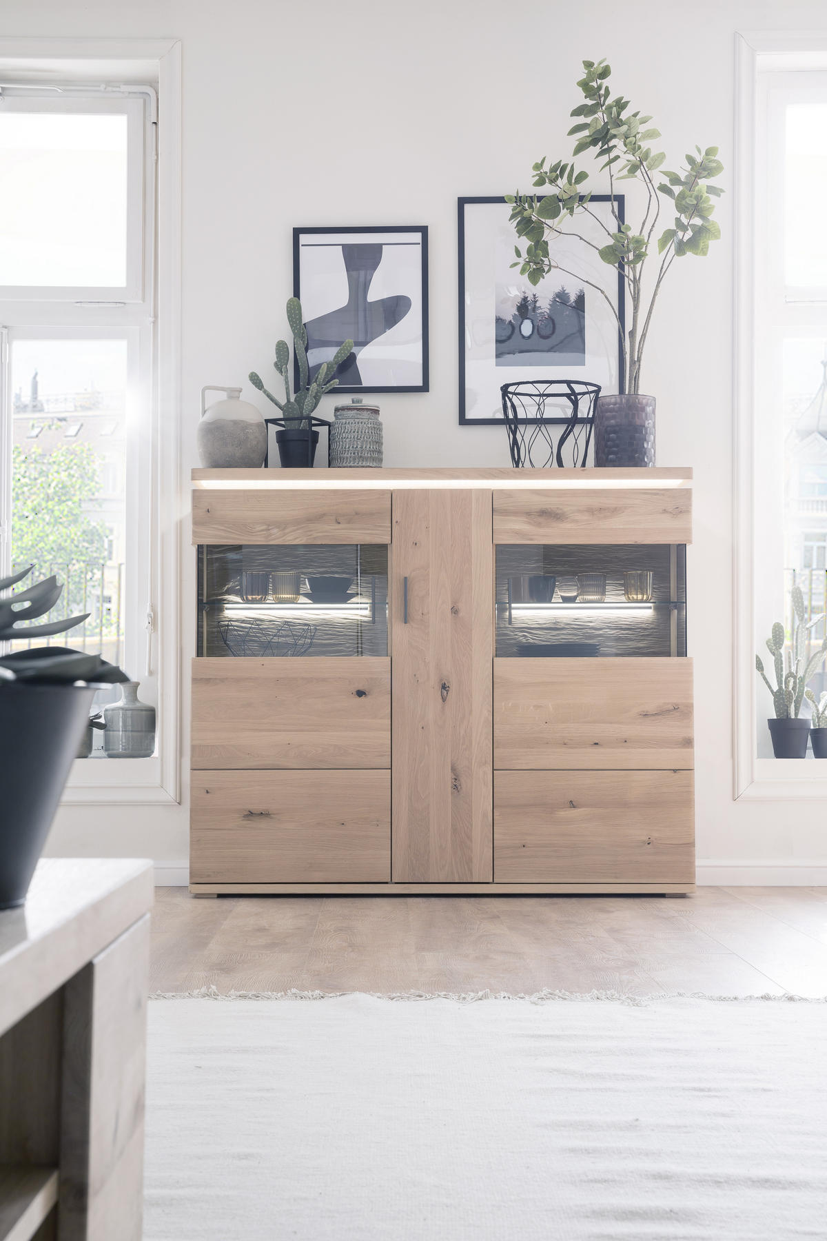 HIGHBOARD ohne Beleuchtung, Barcelona  in 150/128/37 cm  - Eichefarben/Grau, Design, Glas/Holz (150/128/37cm) - Livetastic