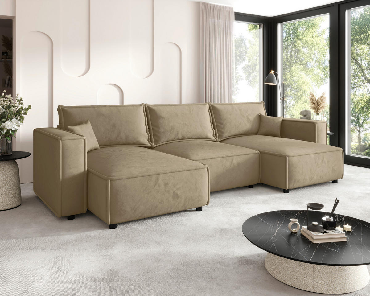 WOHNLANDSCHAFT Beige Webstoff  - Beige/Schwarz, MODERN, Kunststoff/Textil (153/350/153cm) - Xora