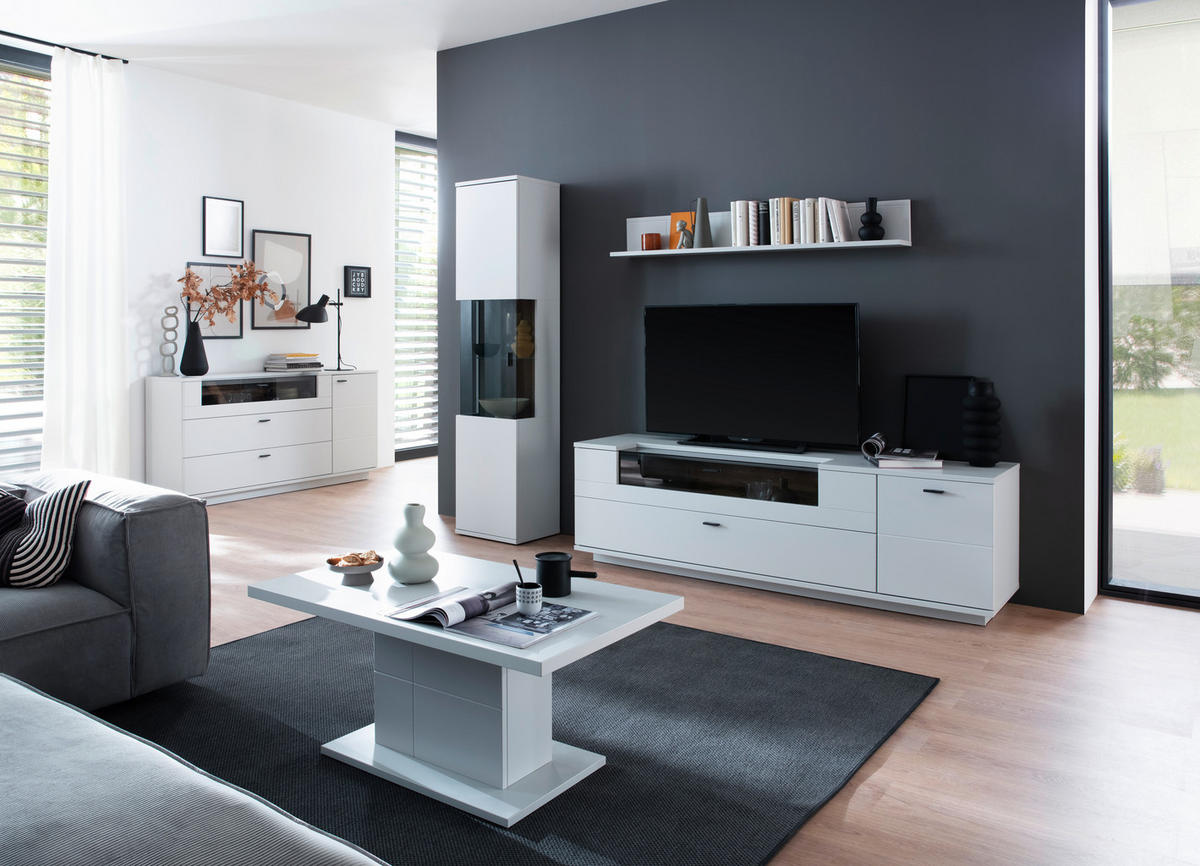 WOHNWAND  in Weiß, Eichefarben  250/199/50 cm  - Eichefarben/Anthrazit, Design, Glas/Holzwerkstoff (250/199/50cm) - Stylife