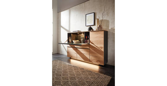 HIGHBOARD Asteiche furniert Schwarz, Eichefarben, Schieferfarben Einlegeböden  - Schieferfarben/Eichefarben, Design, Holz/Holzwerkstoff (176/121/40cm) - Hom`in