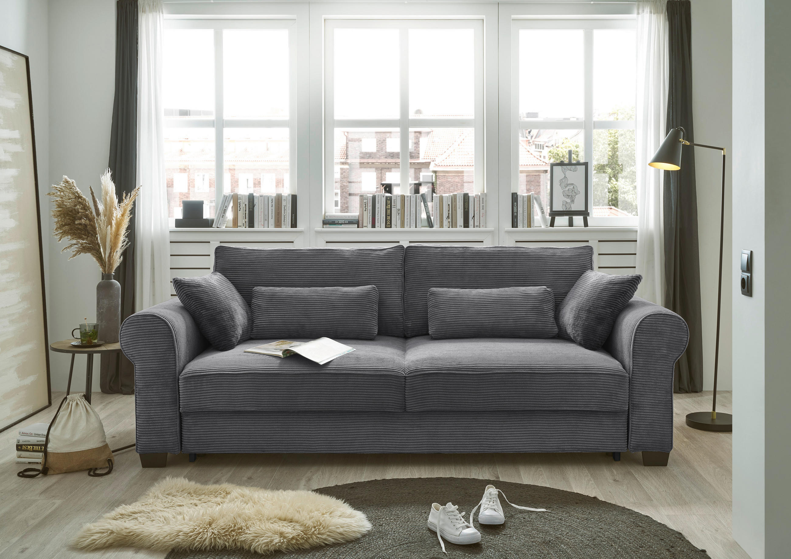 SCHLAFSOFA in Cord Anthrazit  - Anthrazit/Schwarz, Basics, Kunststoff/Textil (250/95/125cm) - MID.YOU