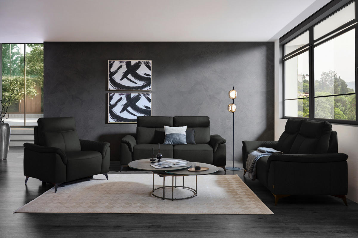 3-SITZER-SOFA Echtleder Schwarz  - Schwarz, Design, Leder/Metall (207/107/98cm) - Belluti