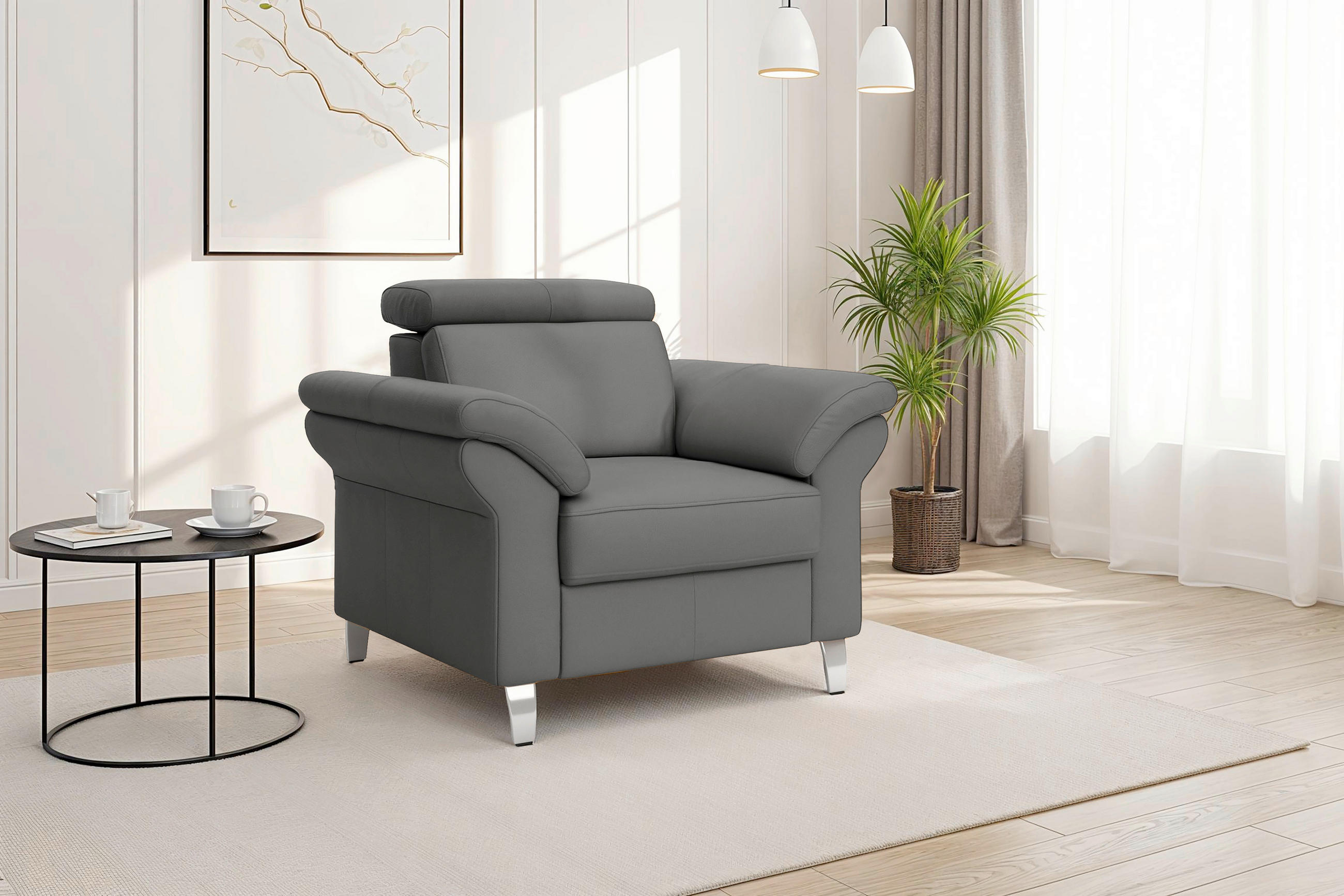 SESSEL in Echtleder Mokka  - Chromfarben/Mokka, Basics, Leder/Metall (101/84/93cm) - Sit & More