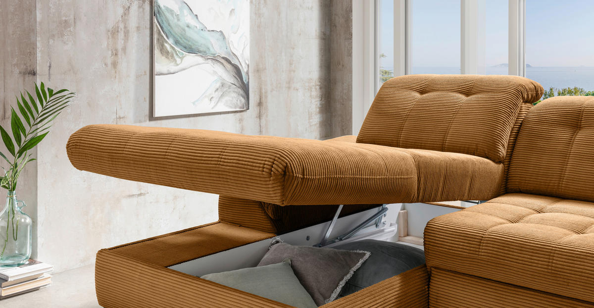 ECKSCHLAFSOFA  mit seitenverkehrt erhältlich, Rücken echt, Armteil links, Armteil rechts Cord Goldfarben  - Goldfarben/Schwarz, MODERN, Textil/Metall (189/273cm) - Livetastic