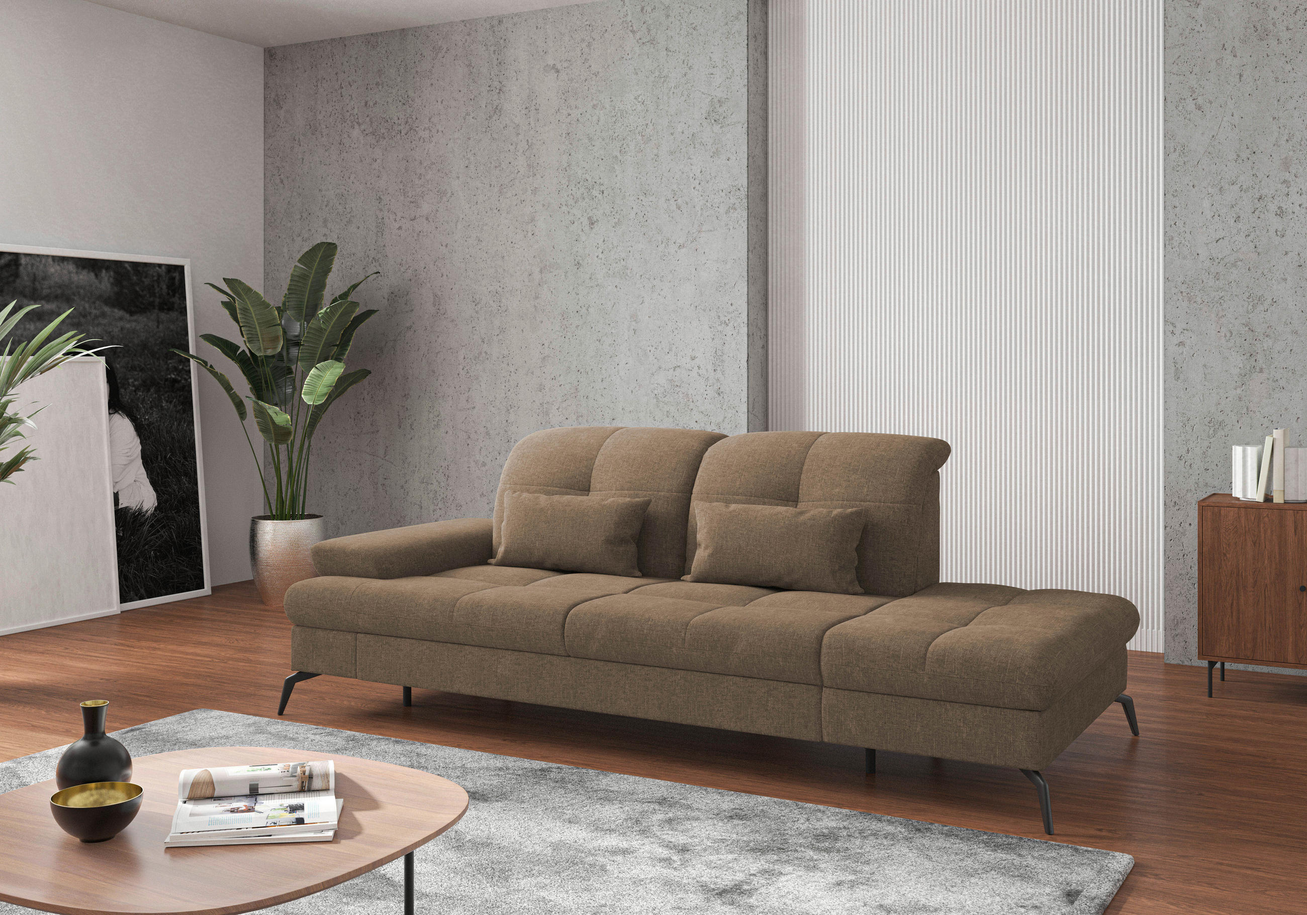 RÉCAMIERE Hellbraun Flachgewebe  - Hellbraun/Schwarz, KONVENTIONELL, Textil/Metall (231/90/122cm) - Sit & More