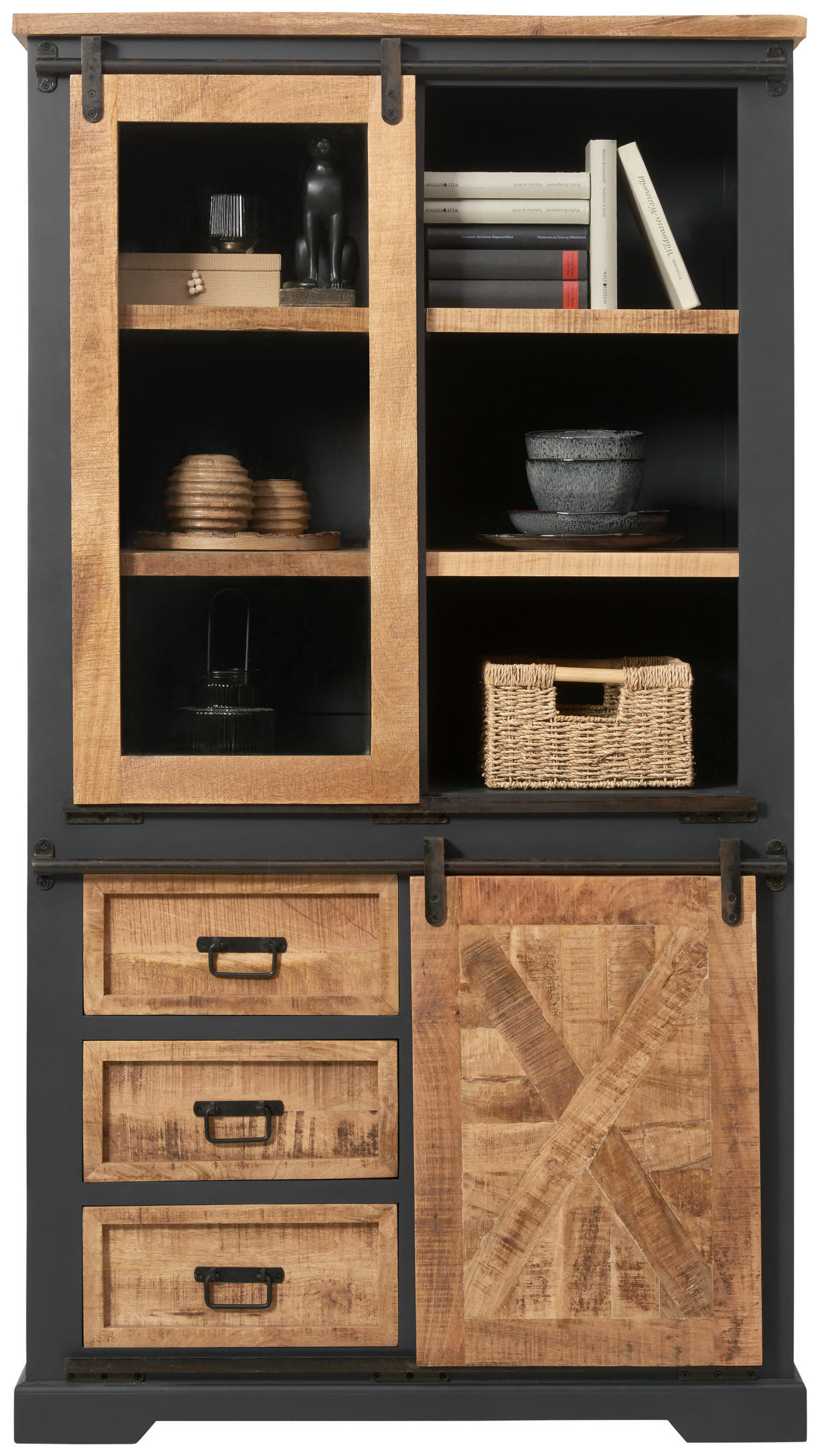 VITRINE  in massiv Mangoholz Schwarz, Grau, Naturfarben - Schwarz/Naturfarben, LIFESTYLE, Holz/Holzwerkstoff (100/180/45cm) - MID.YOU