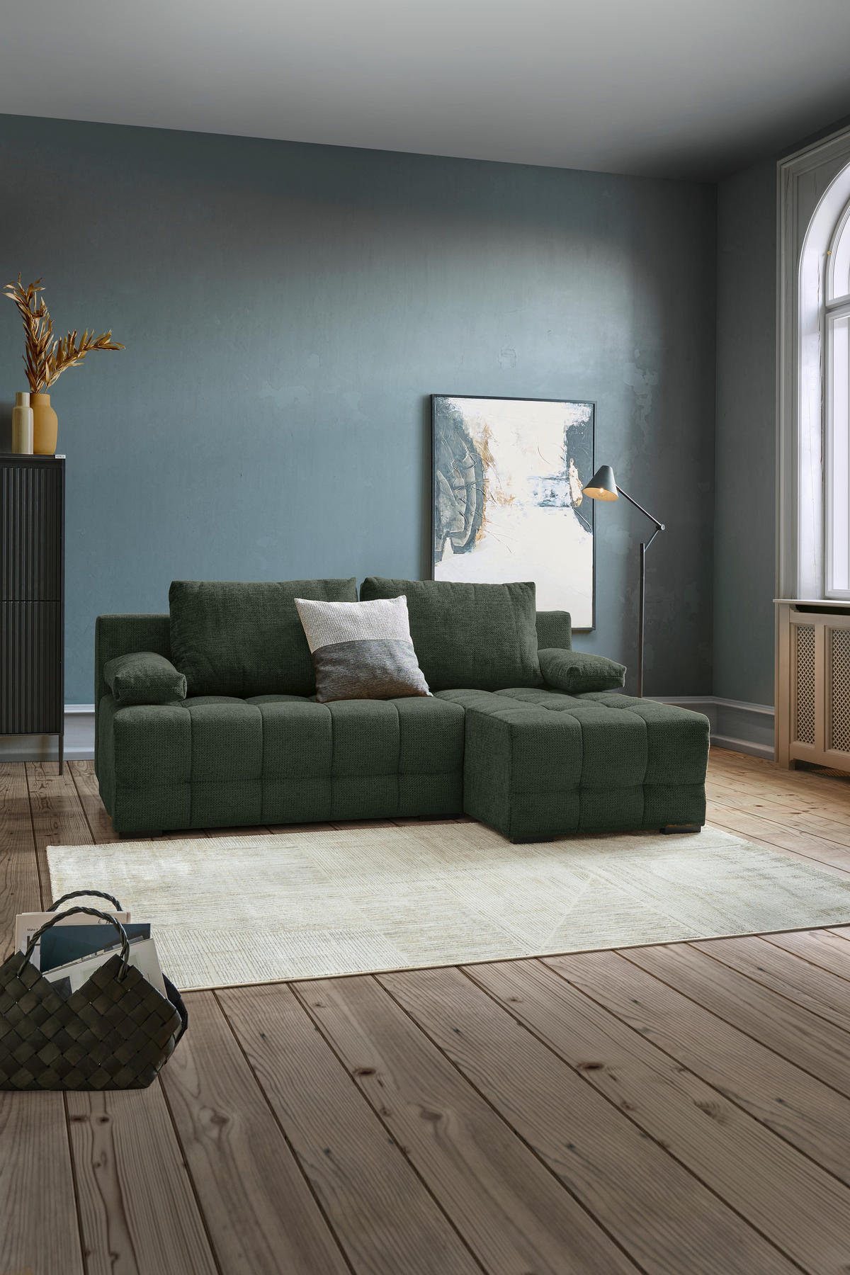 ECKSOFA in Chenille Dunkelgrün  - Dunkelgrün/Schwarz, MODERN, Kunststoff/Textil (204/145cm) - home24