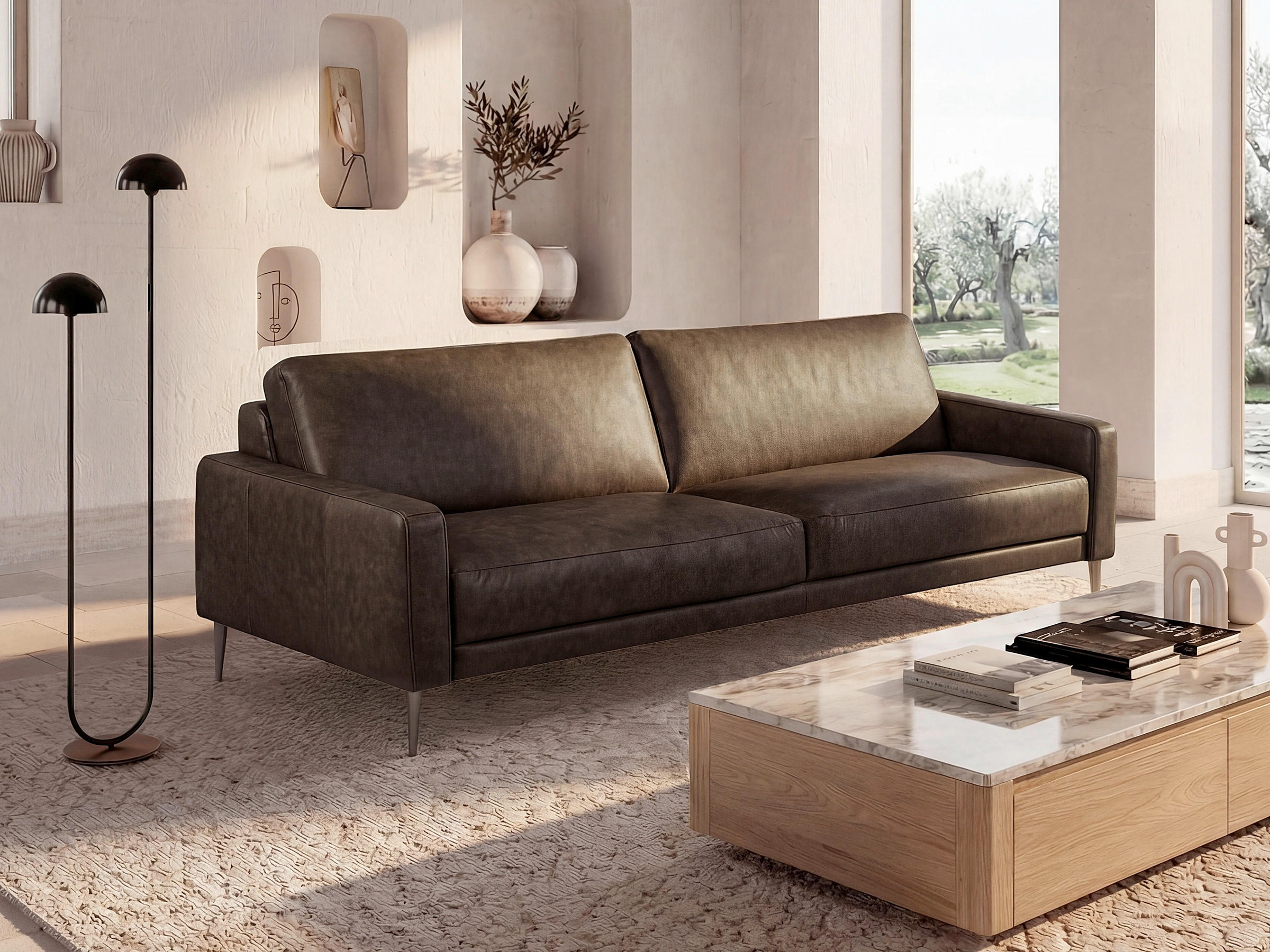 3-SITZER-SOFA SPRING in Lederlook Echtleder Dunkelbraun  - Dunkelbraun/Schwarzchrom, Design, Leder/Textil (187/85/92cm) - Livetastic