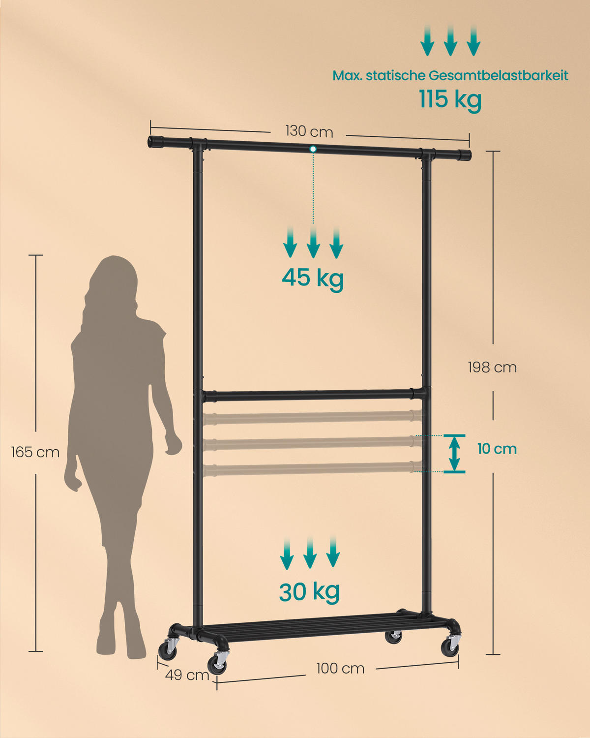 KLEIDERWAGEN in Schwarz 130/198/49 cm   - Schwarz, Basics, Metall (130/198/49cm)