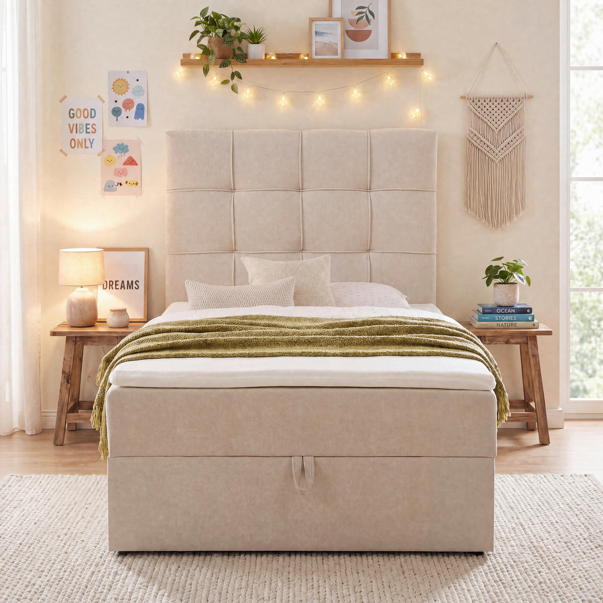 BOXBETT 100/200 cm,  in Beige, Matratze, gepolstertes Kopfteil, Bettkasten, Topper, H3 = fest  - Beige/Schwarz, Basics, Kunststoff/Textil (100/200cm) - Chameo