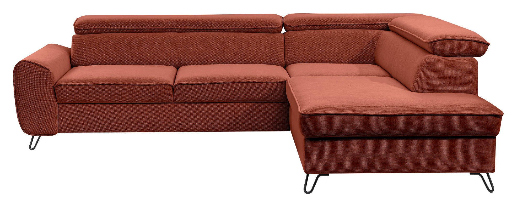 ECKSOFA inkl. Funktion Rostfarben Flachgewebe  inkl. Bettkasten, Schlaffunktion, Rücken echt, Kopfstütze  - Rostfarben/Schwarz, Design, Textil/Metall (250/200cm) - Stylife