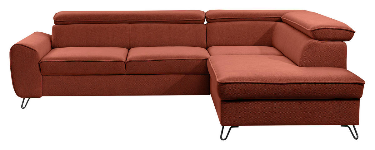 ECKSOFA inkl. Funktion Rostfarben Flachgewebe  inkl. Bettkasten, Schlaffunktion, Rücken echt, Kopfstütze  - Rostfarben/Schwarz, Design, Textil/Metall (250/200cm) - Stylife