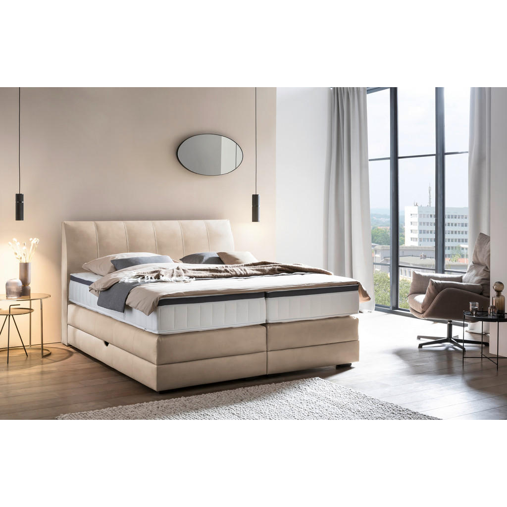 Thumbnail - Novel Boxspringbett, Beige, Textil, Wenge, H3 + H4, 7-Zonen, Höhe ca. 27 cm, 180x200 cm, Bettkasten, gepolstertes Kopfte...