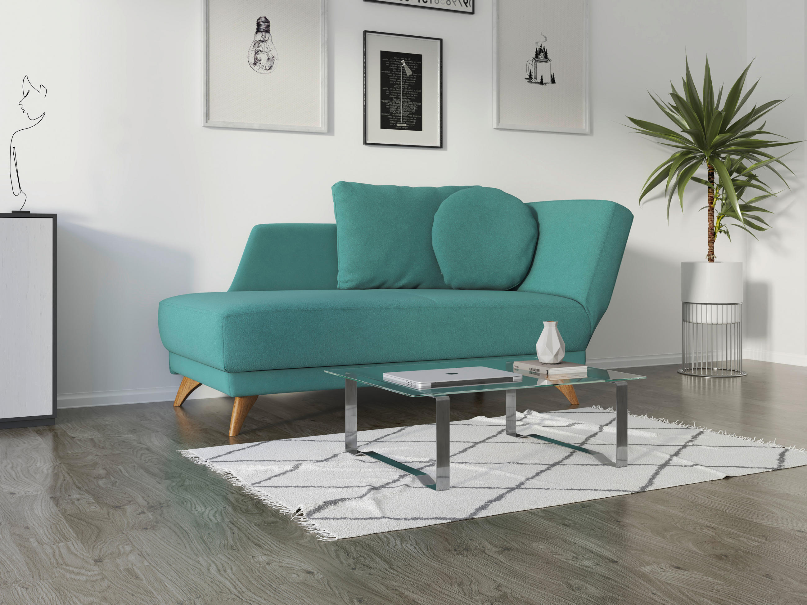 RÉCAMIERE in Flachgewebe Petrol  - Eichefarben/Petrol, Modern, Holz/Textil (205/74-87/94cm) - Bali