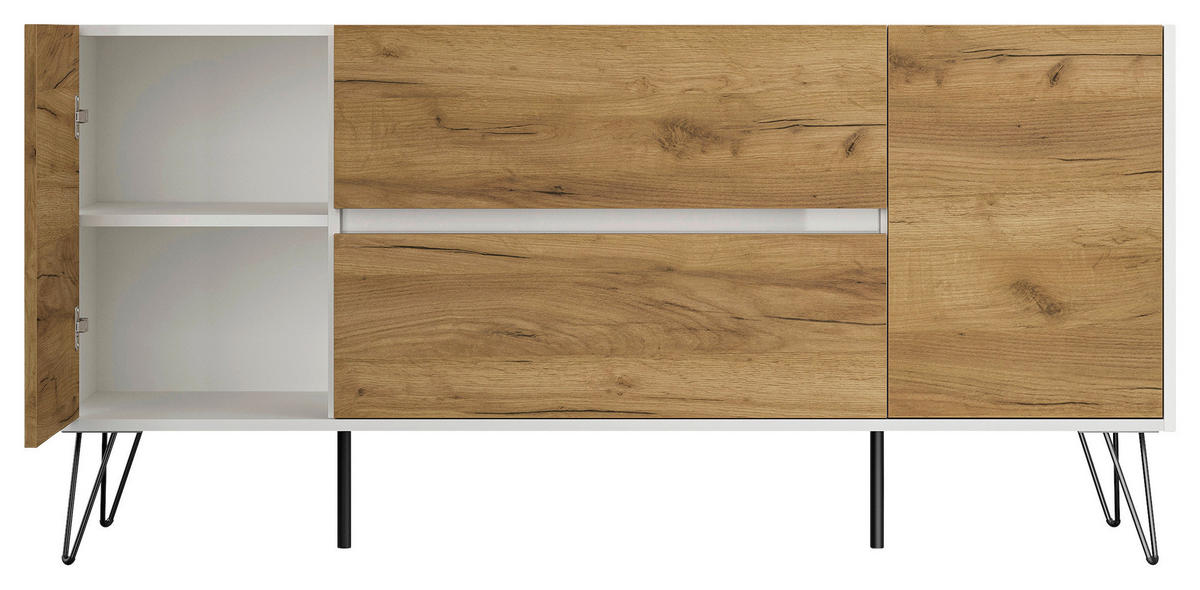 SIDEBOARD Posseik Industrial  in 155/75,8/42 cm  - Eichefarben/Weiß Hochglanz, Design, Holzwerkstoff/Metall (155/75,8/42cm) - P & B