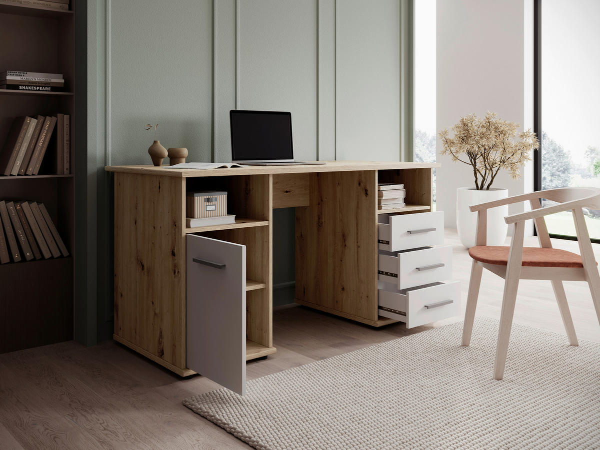 Birou, material pe bază de lemn - argintiu/alb, Modern, plastic/material pe bază de lemn (145/76/67cm) - Xora