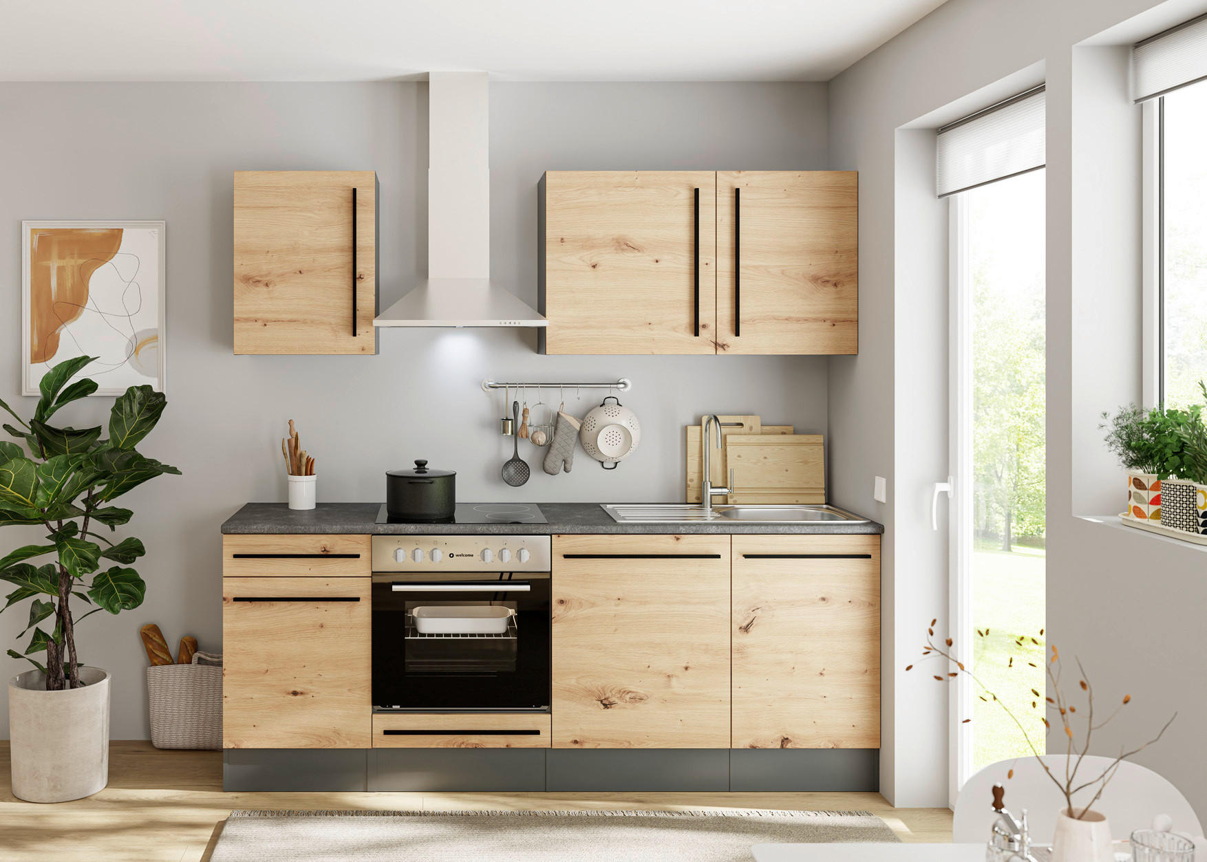 KÜCHENBLOCK 220 cm  in Anthrazit, Eiche Artisan  - Anthrazit/Schwarz, LIFESTYLE, Holzwerkstoff/Kunststoff (220cm) - P & B