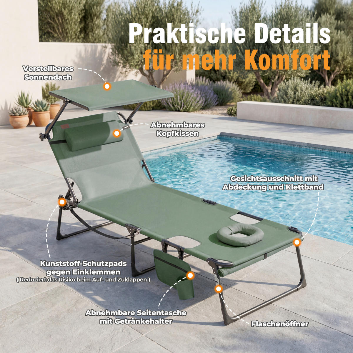 SONNENLIEGE 200/34/70 cm  - Dunkelgrau/Grün, Basics, Textil/Metall (200/34/70cm) - Modante