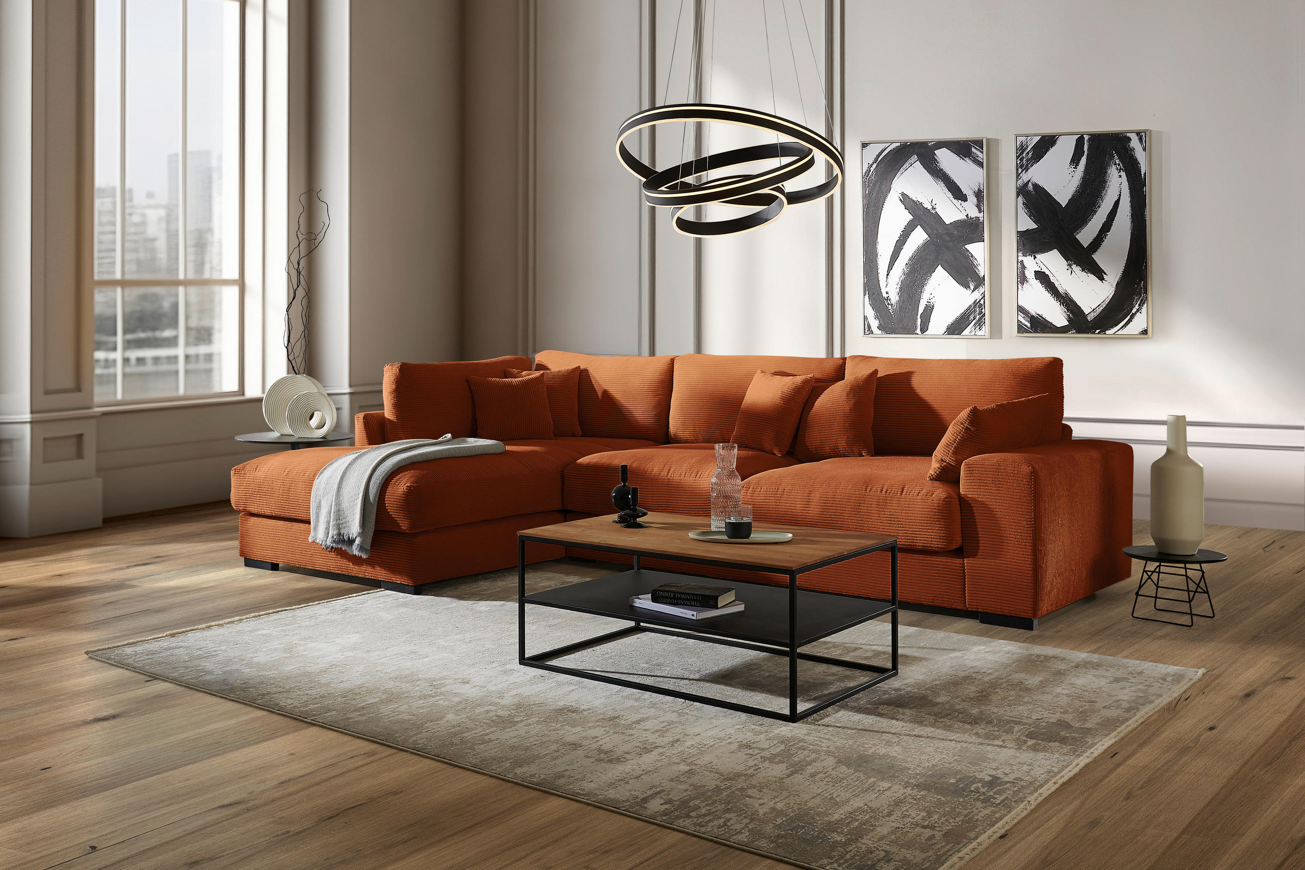 ECKSOFA Kupferfarben Cord  - Schwarz/Kupferfarben, Design, Kunststoff/Textil (205/340cm) - Lomoco