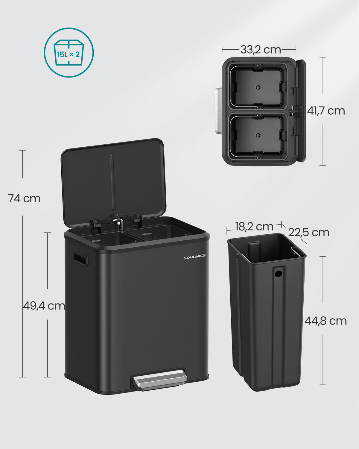 ABFALLSAMMLER 30 L  - Schwarz/Grau, Basics, Kunststoff/Metall (41,7/49,4/33,2cm)