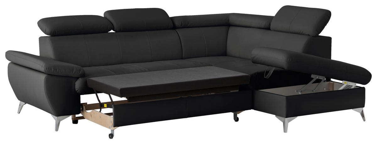 ECKSOFA Schwarz Lederlook  - Chromfarben/Schwarz, KONVENTIONELL, Textil/Metall (256/209cm) - Livetastic