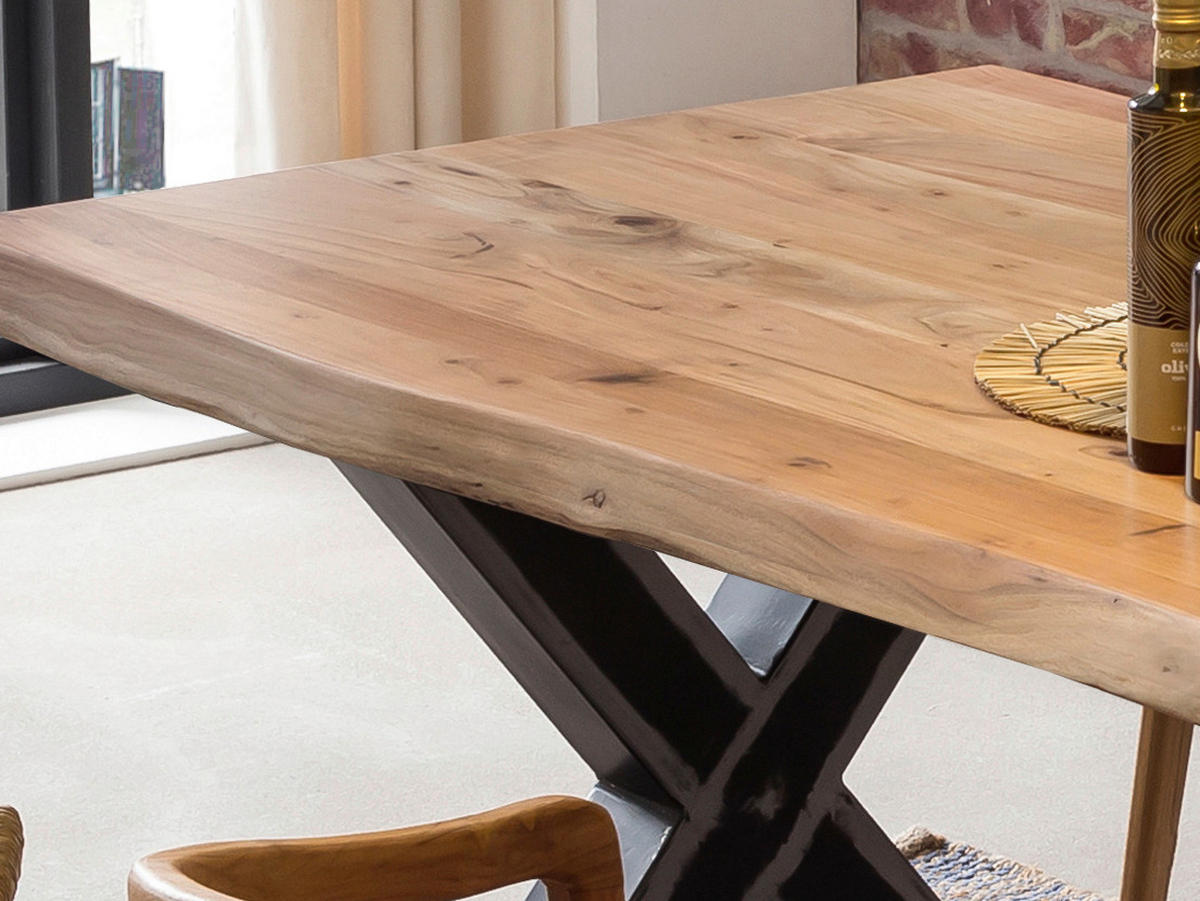 ESSTISCH 200/100/79 cm Echtholz  Holz, Metall rechteckig Naturfarben, Schwarz  - Schwarz/Naturfarben, MODERN, Holz/Metall (200/100/79cm) - MID.YOU