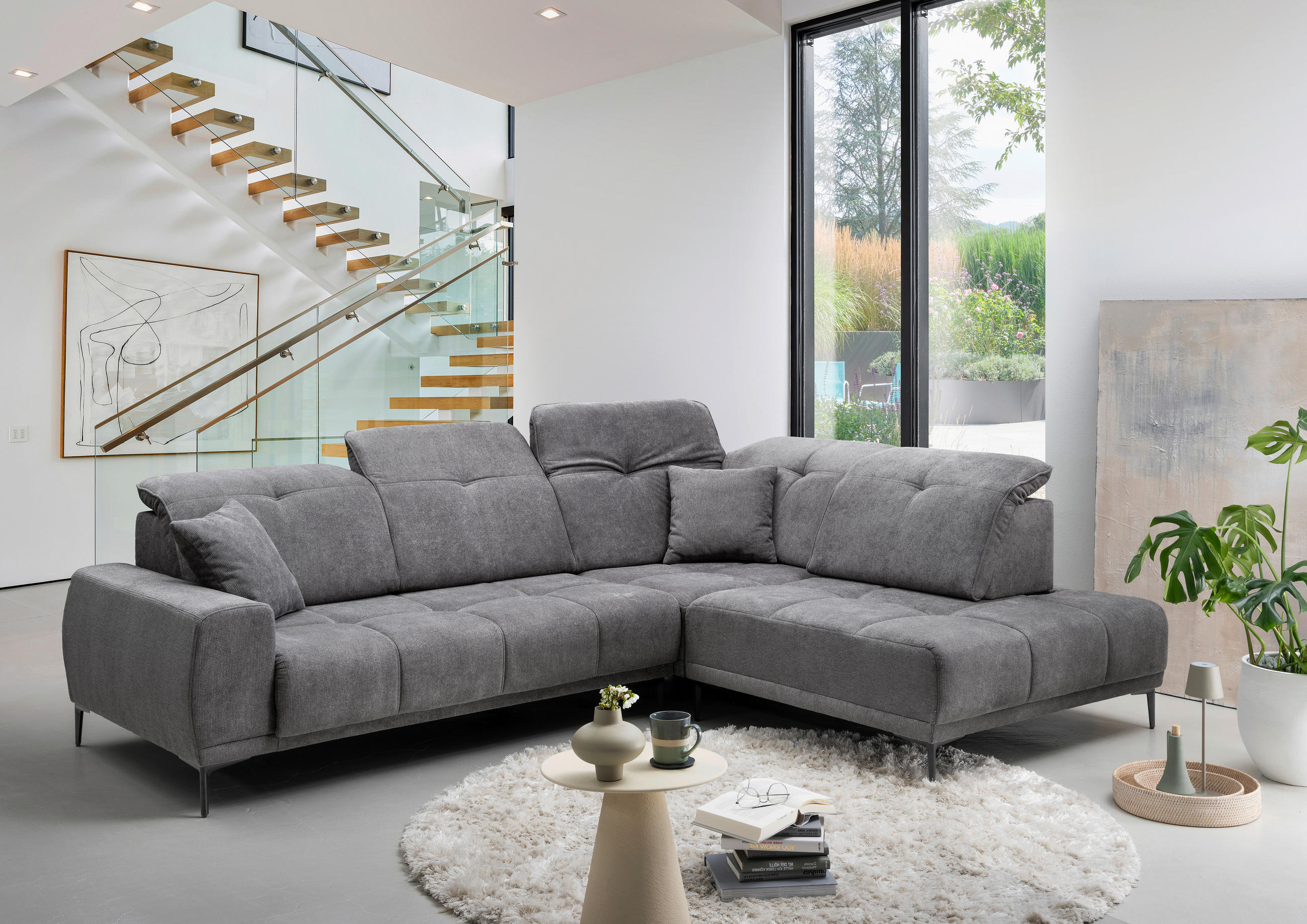 ECKSOFA NESTO Dunkelgrau Chenille Zierkissen, Kopfteilverstellung, Sitzvorzug  - Dunkelgrau/Schwarz, Basics, Textil/Metall (305/232cm) - Livetastic