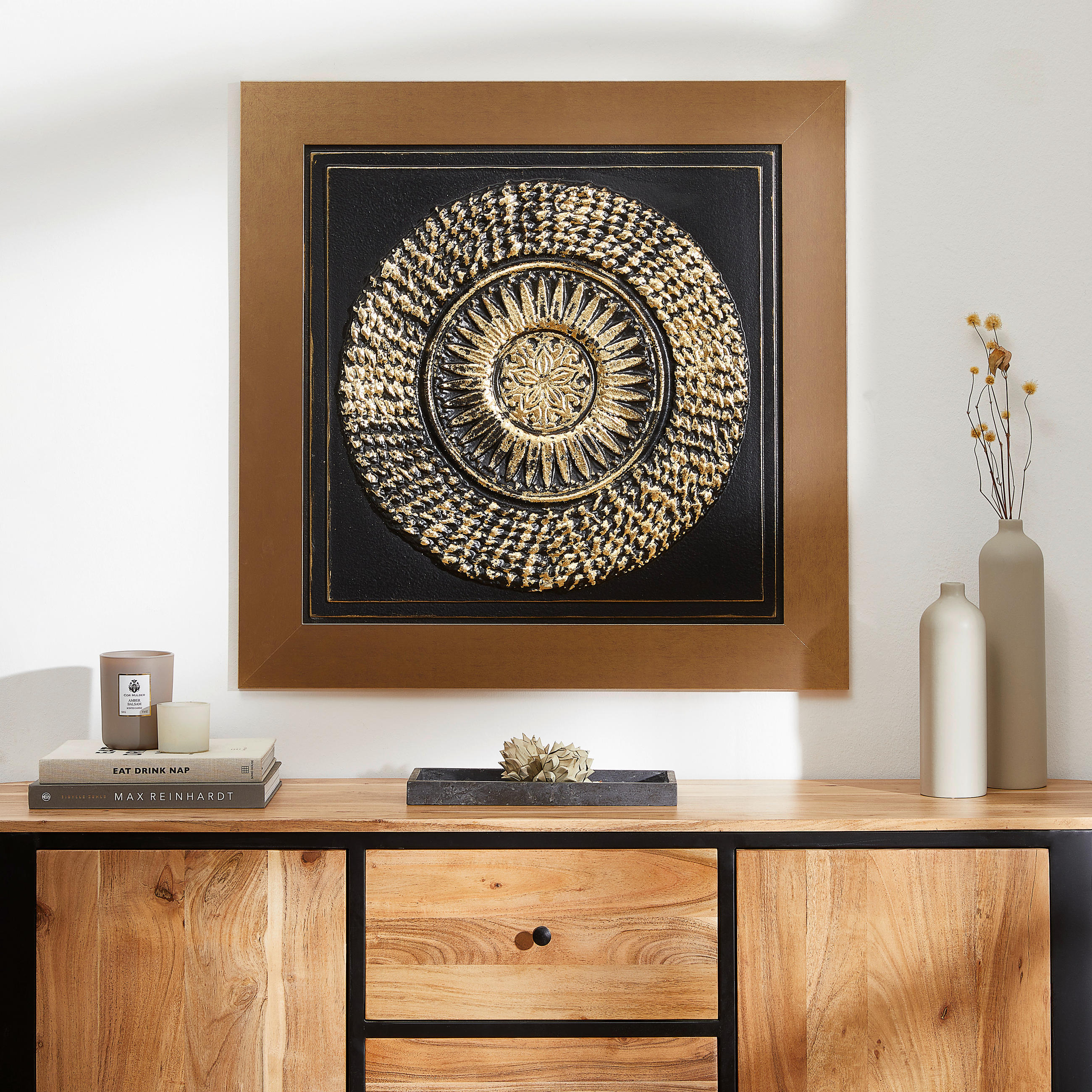 ORIGINÁLNY OBRAZ, abstraktné, etno, 85/85 cm  - čierna/zlatá, Lifestyle, kompozitné drevo/plast (85/85cm) - Monee