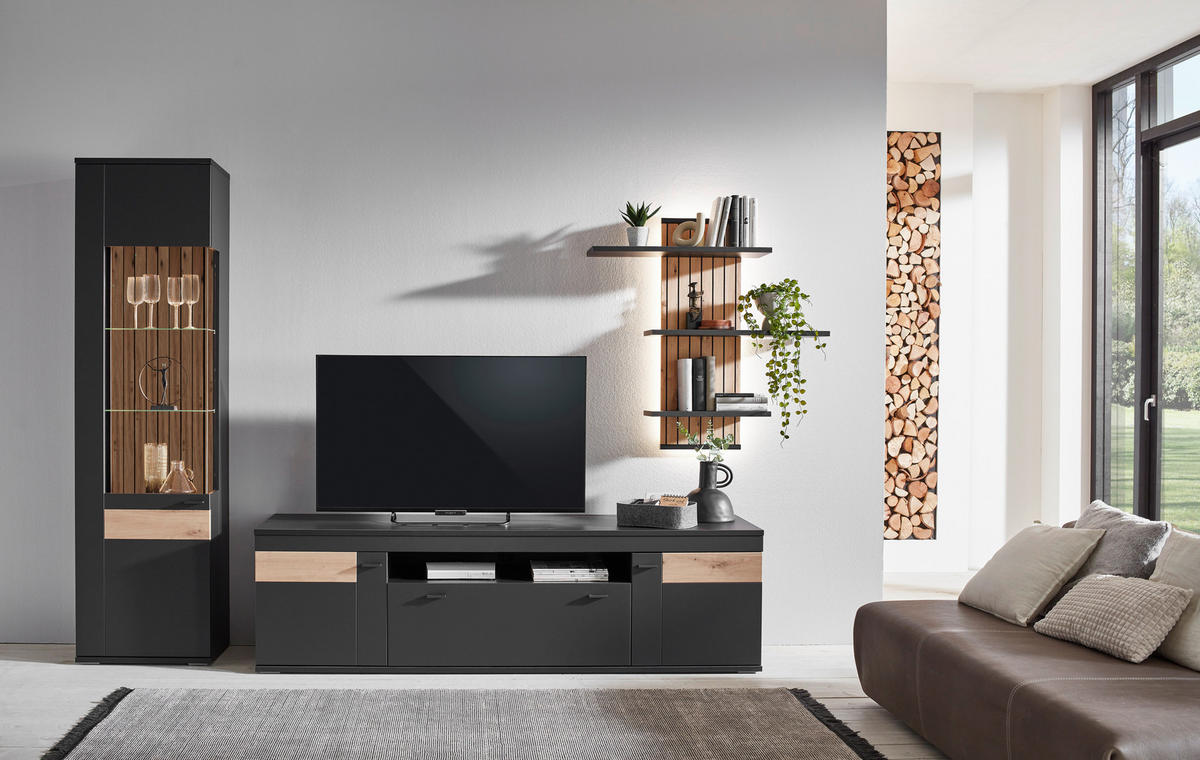 WOHNWAND  in Dunkelgrau, Eiche Artisan 296/205/50 cm  - Dunkelgrau/Schwarz, Design, Glas/Holzwerkstoff (296/205/50cm) - Stylife