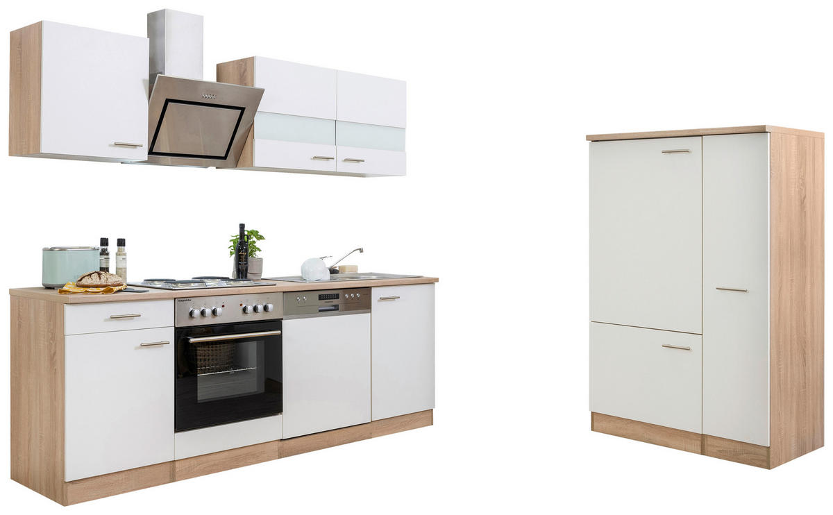 KÜCHENBLOCK 310 cm   in Weiß  - Edelstahlfarben/Eichefarben, Basics, Holzwerkstoff/Metall (310cm) - Respekta